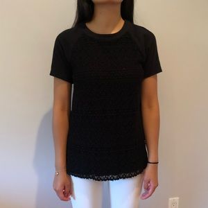 Black lace Madewell T shirt with quarter back zip